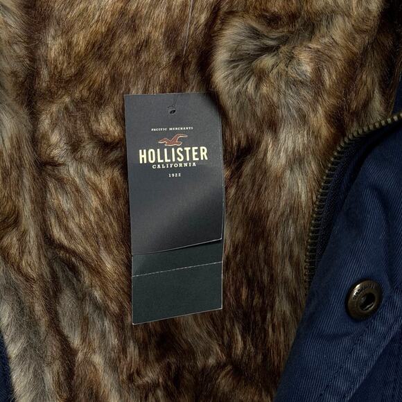 HOLLISTER Faux Fur Lined Twill Parka Coat Blue Men’s M Epic Flex Heritage NEW - Picture 12 of 14